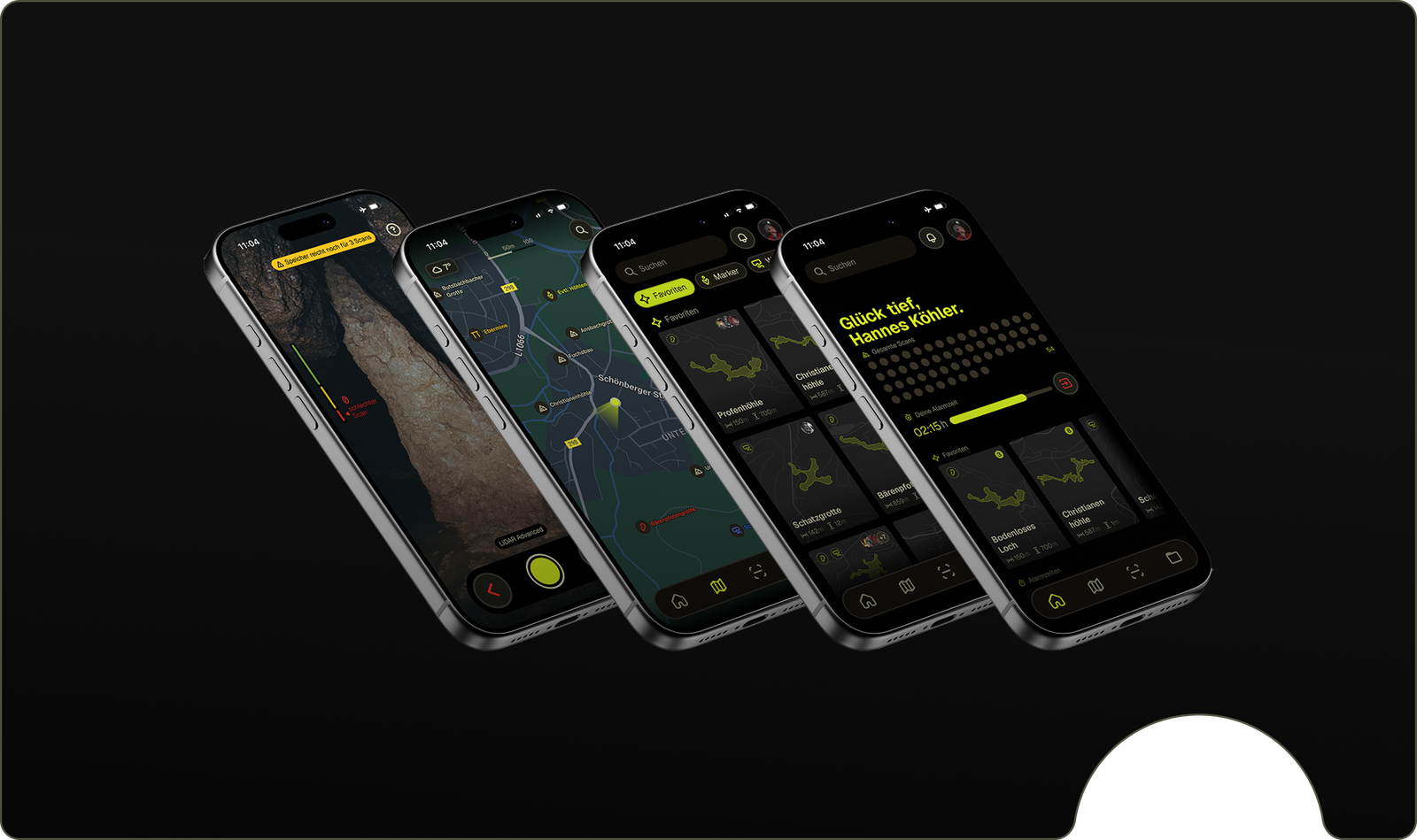 Vier iPhone-Mockups der HADES App: Scan-Ansicht, Karte, Favoriten und Homescreen
